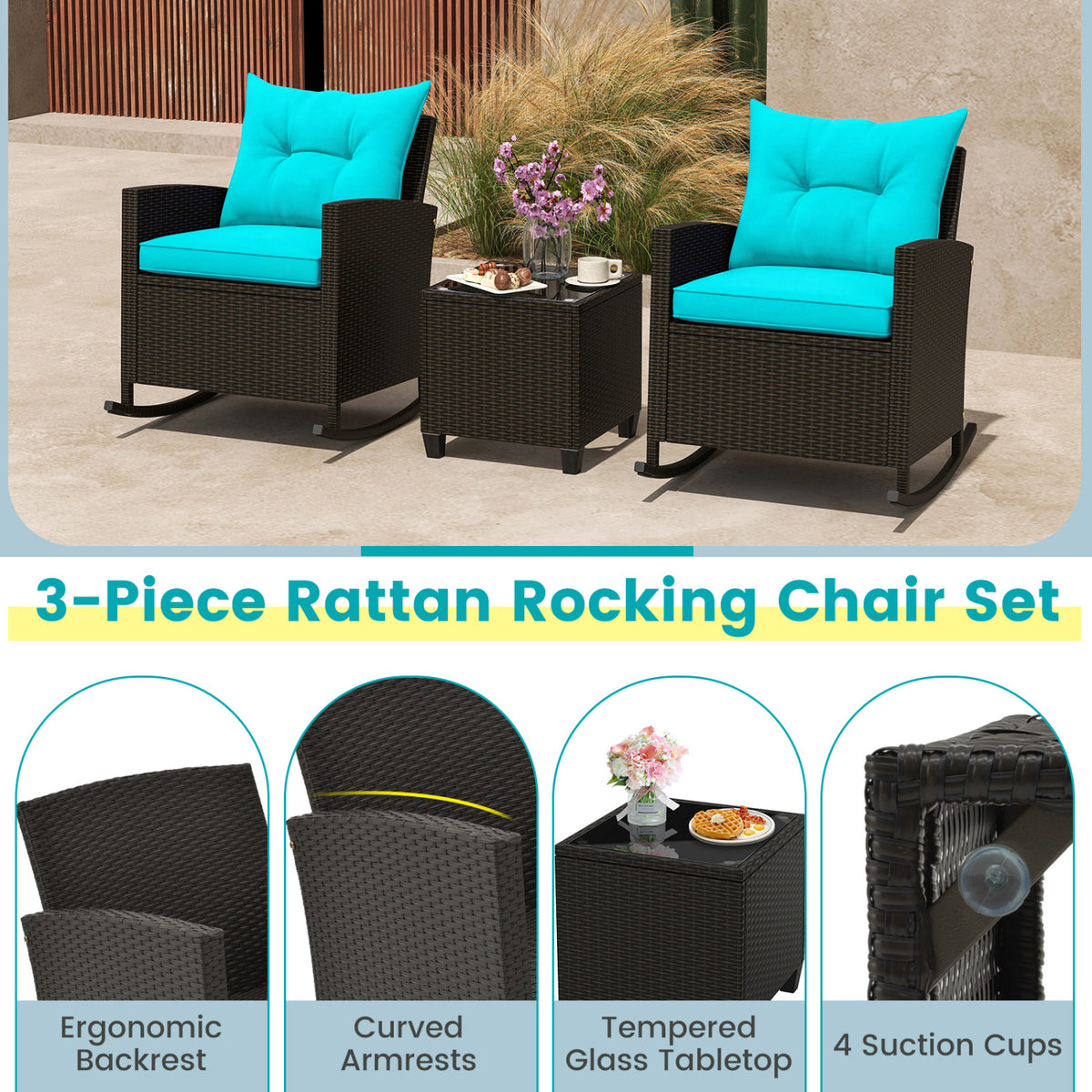 3-Piece Patio Rocking Chair Set with Glass Table - Turquoise