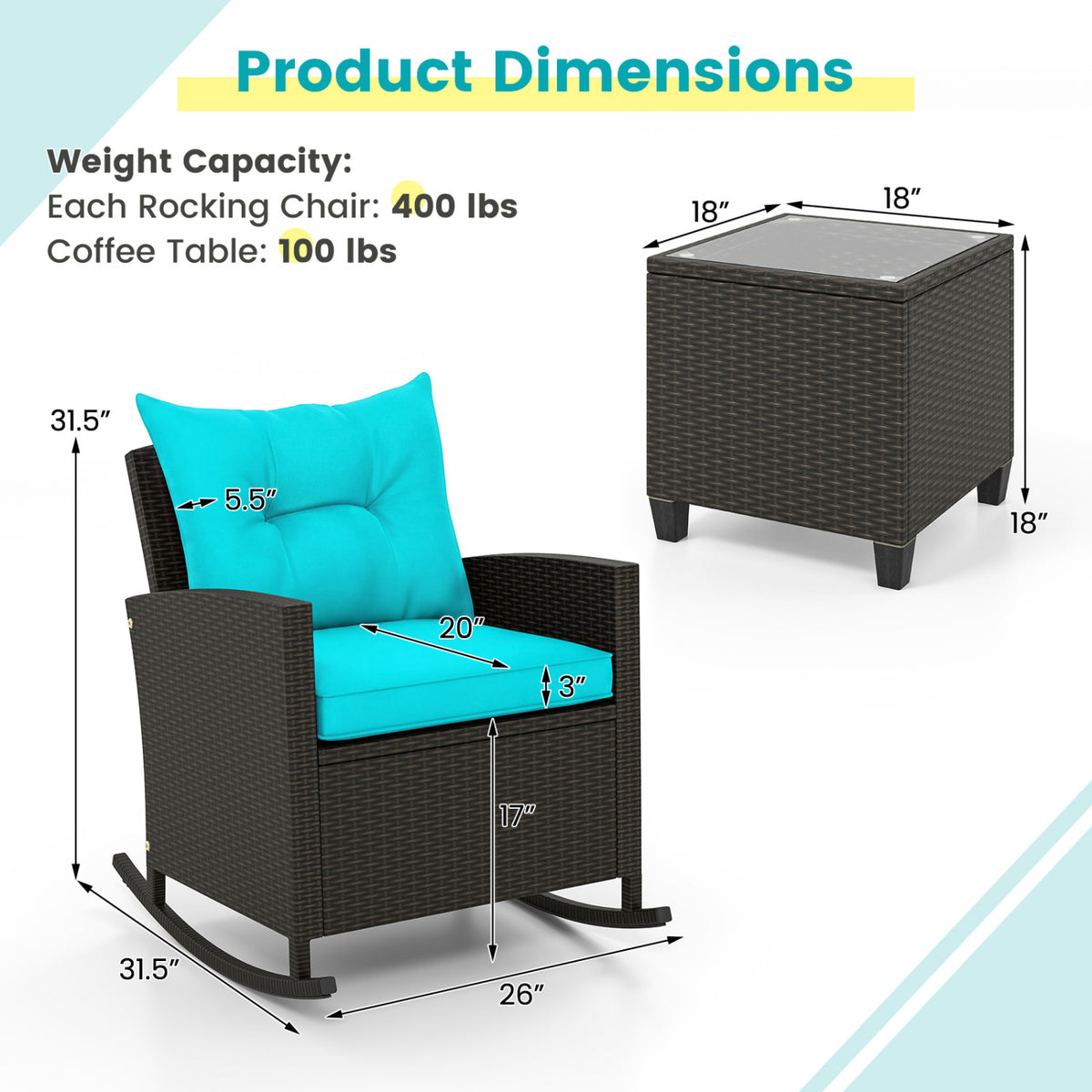 3-Piece Patio Rocking Chair Set with Glass Table - Turquoise