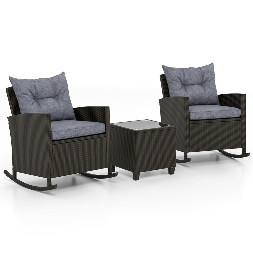 3-Piece Patio Rattan Roker Chairs with Tempered Glass Table and Soft