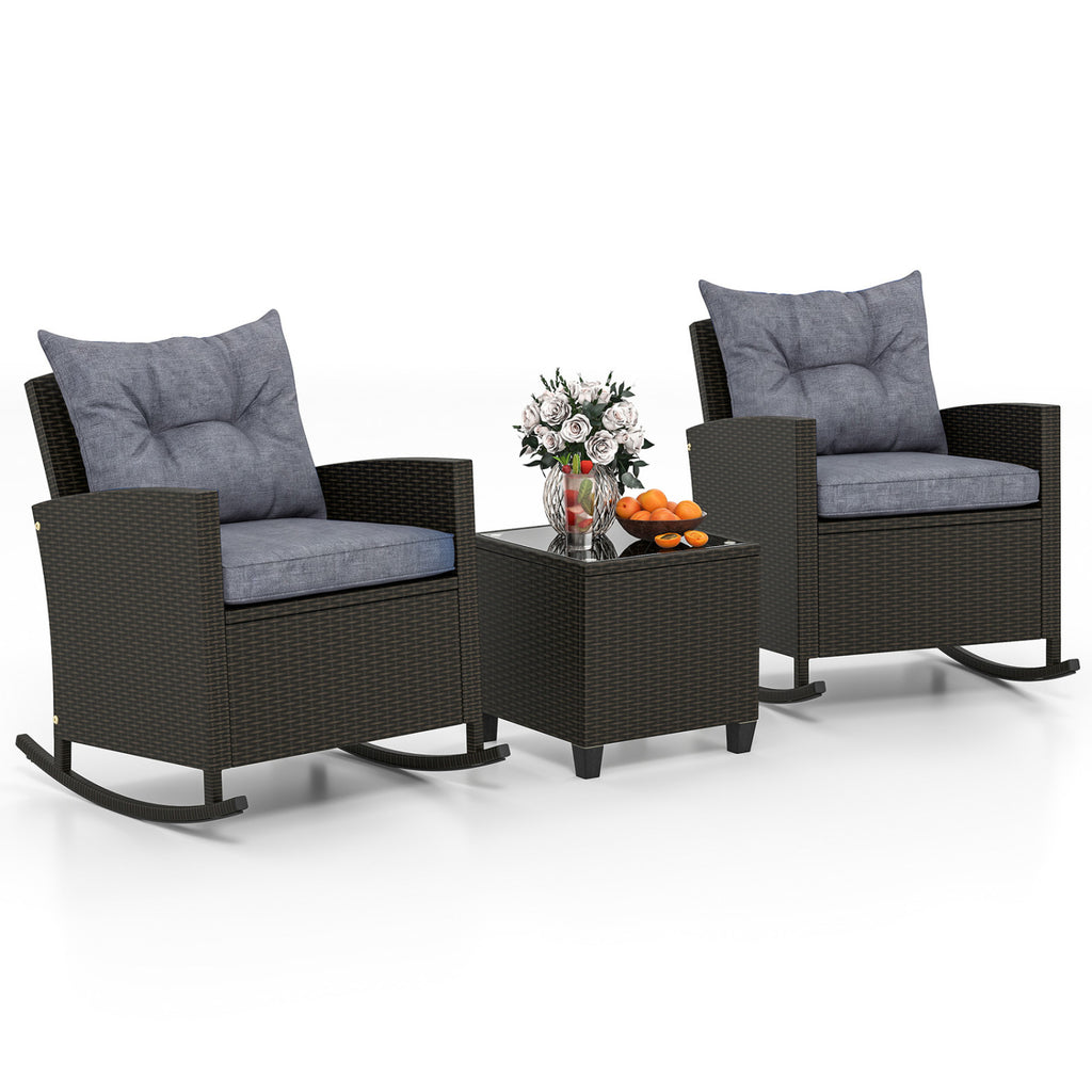 3-Piece Patio Rattan Roker Chairs with Tempered Glass Table and Soft