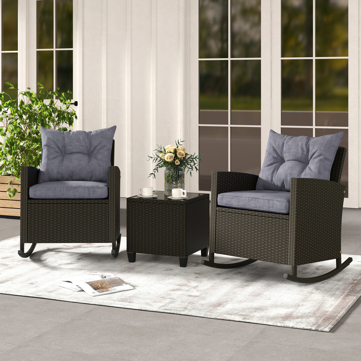 3-Piece Patio Rattan Roker Chairs with Tempered Glass Table and Soft