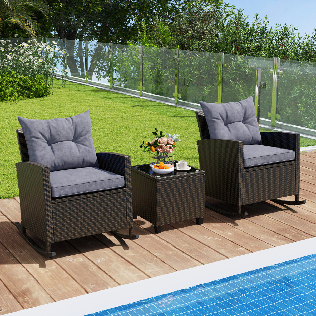 3-Piece Patio Rattan Roker Chairs with Tempered Glass Table and Soft
