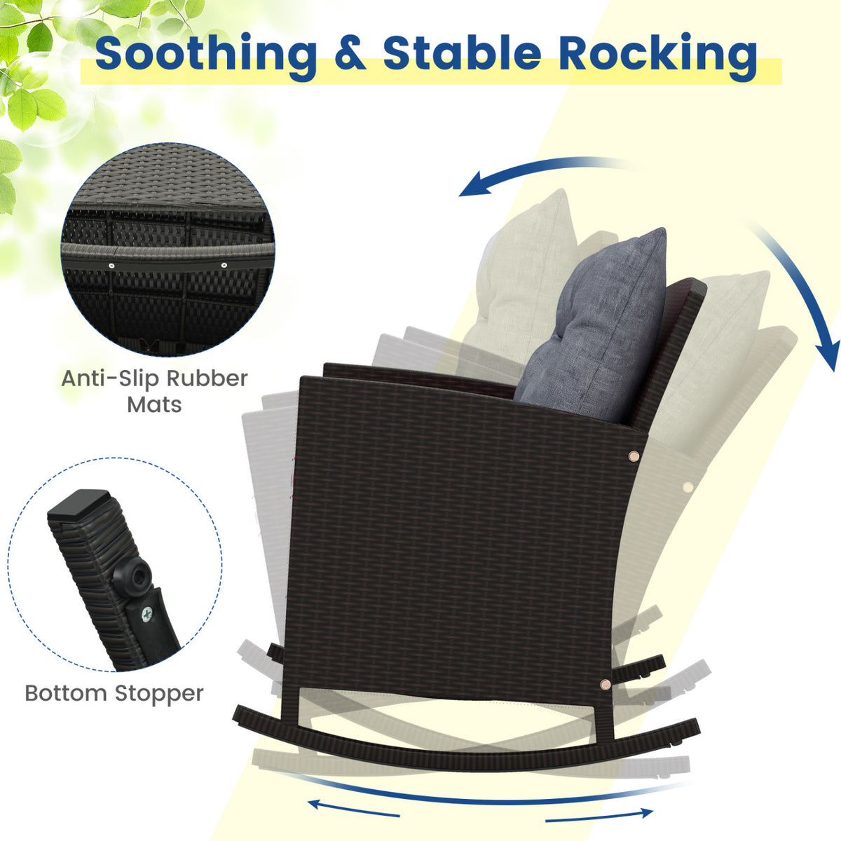 3-Piece Patio Rattan Roker Chairs with Tempered Glass Table and Soft