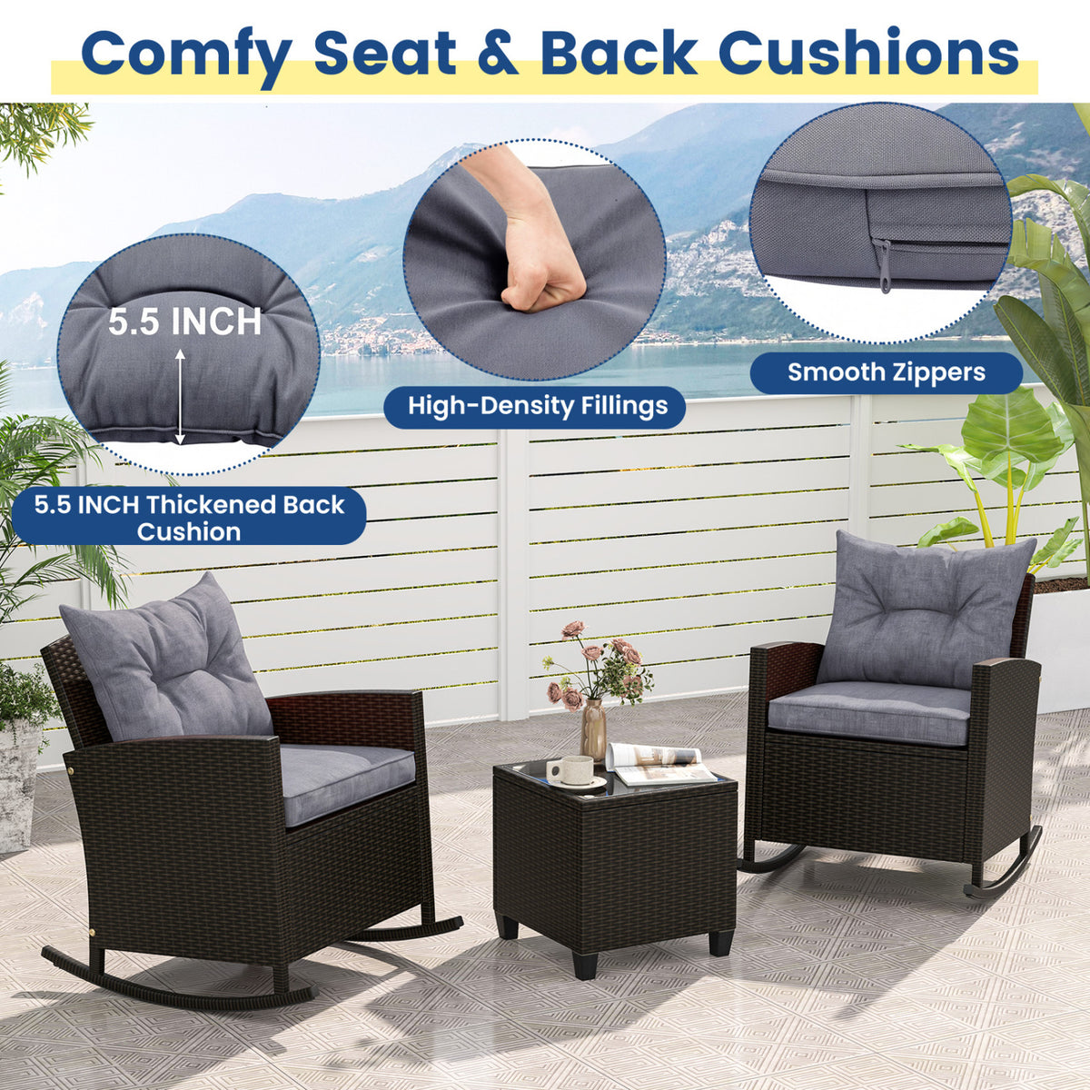 3-Piece Patio Rattan Roker Chairs with Tempered Glass Table and Soft