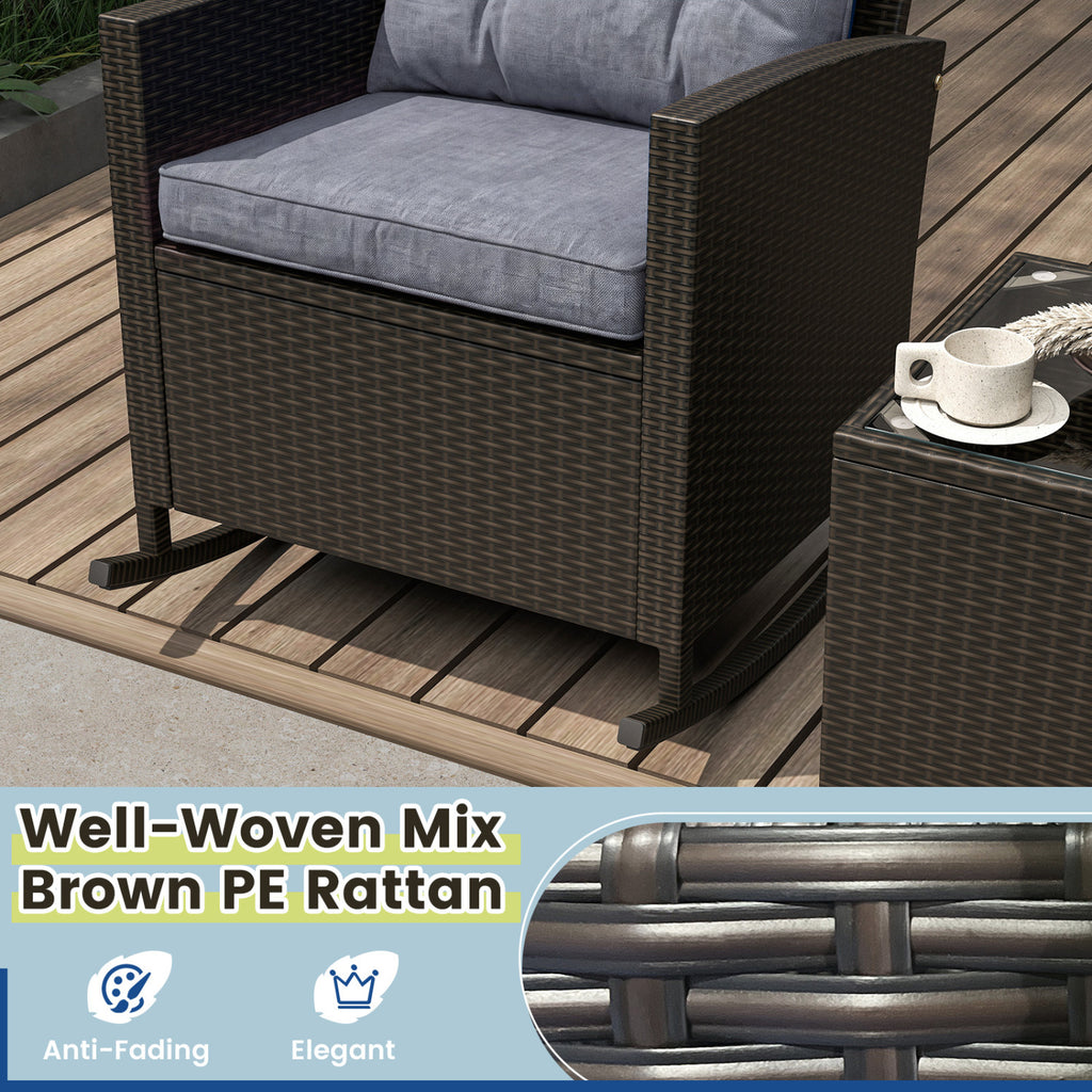 3-Piece Patio Rattan Roker Chairs with Tempered Glass Table and Soft