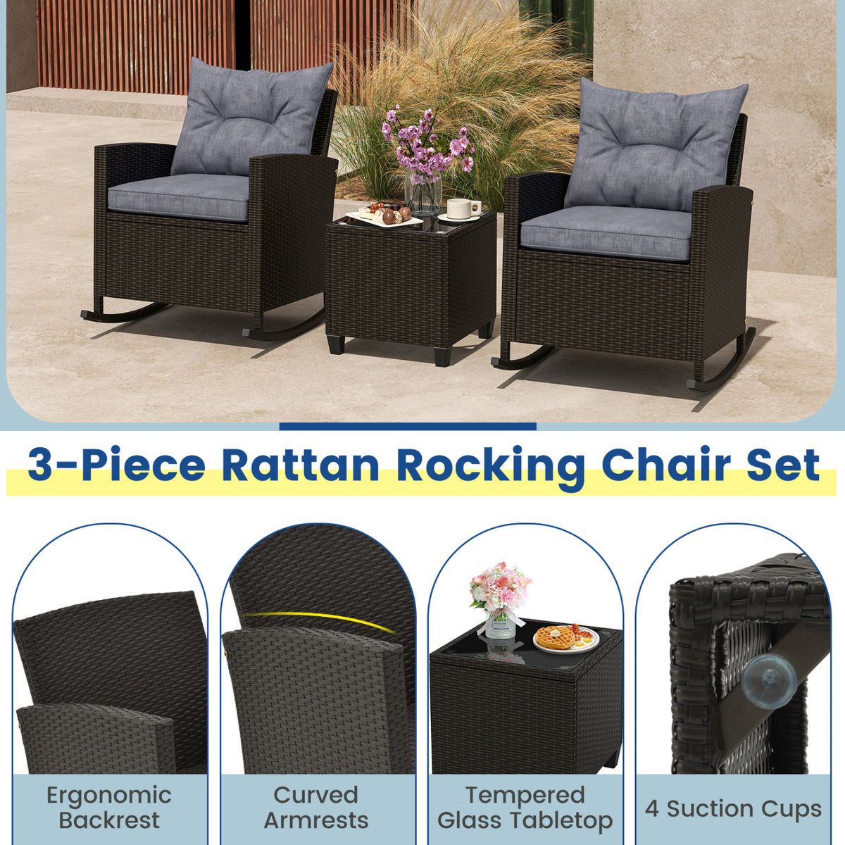 3-Piece Patio Rattan Roker Chairs with Tempered Glass Table and Soft