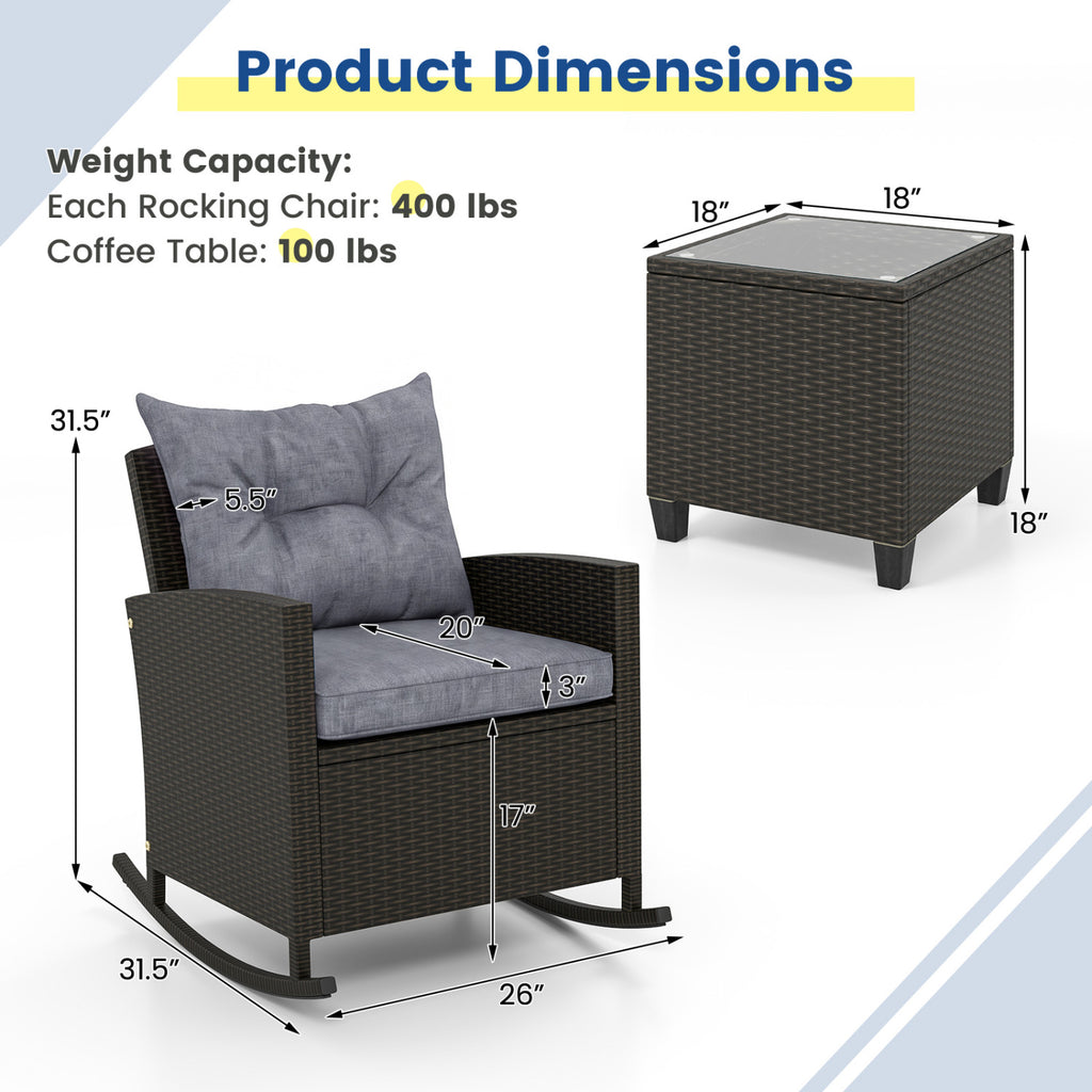 3-Piece Patio Rattan Roker Chairs with Tempered Glass Table and Soft