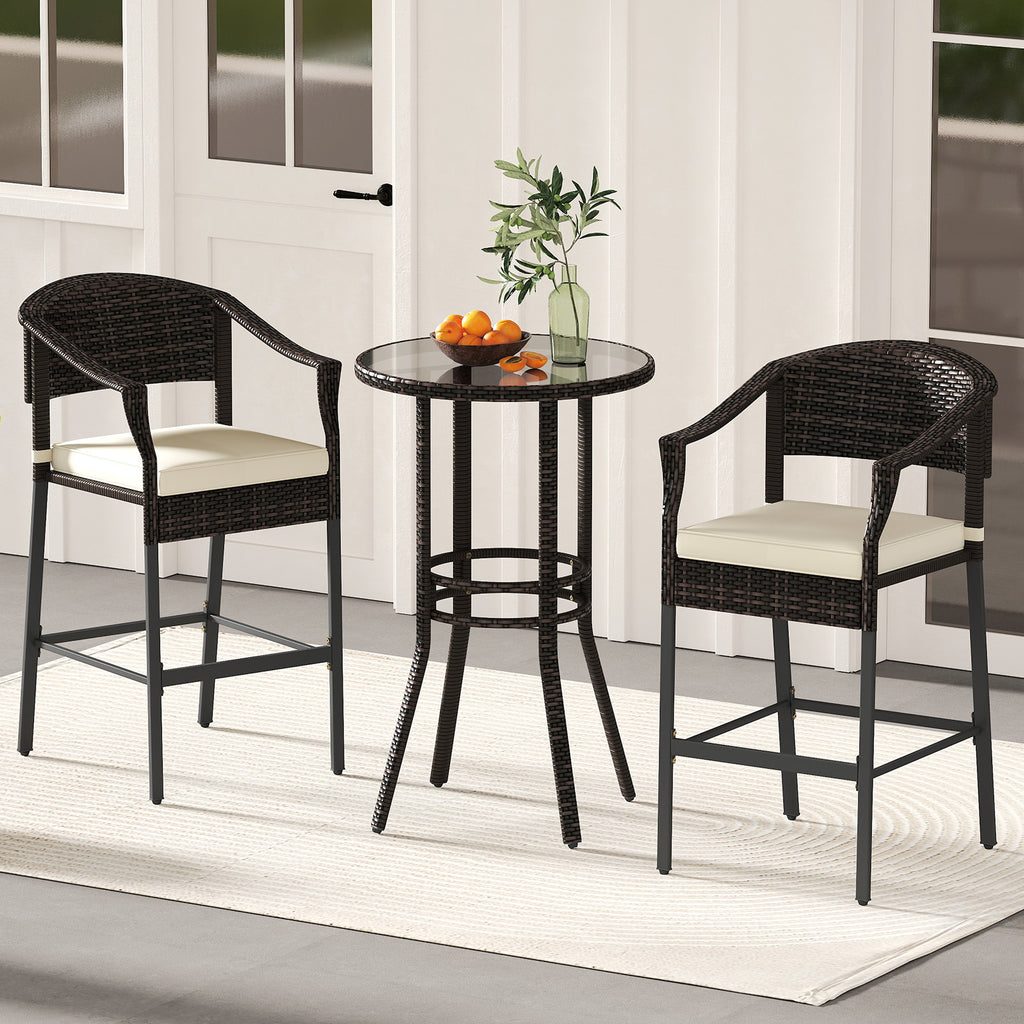 3-Piece Patio Rattan Bar Set with Tempered Glass Top for Backyard