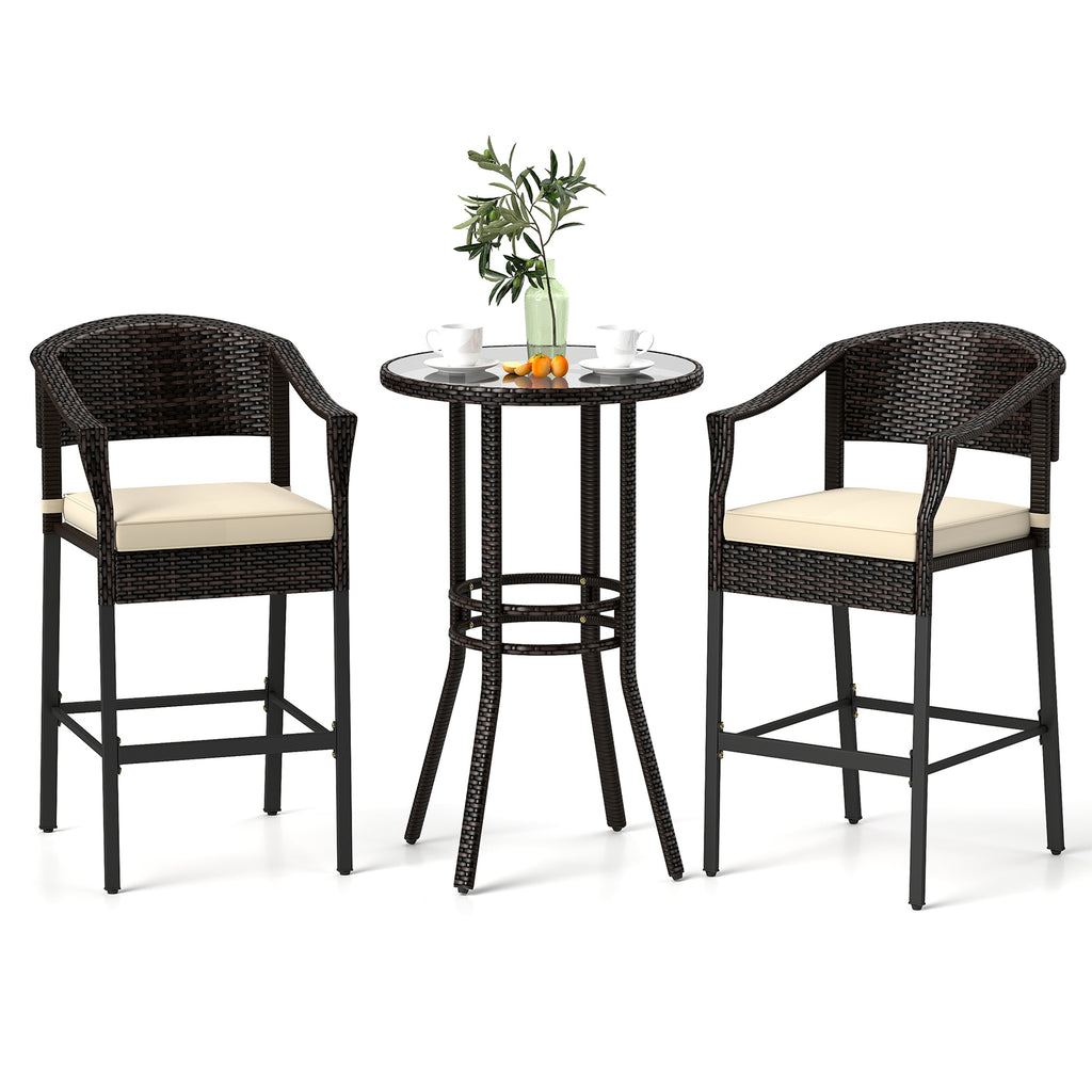 3-Piece Patio Rattan Bar Set with Tempered Glass Top for Backyard