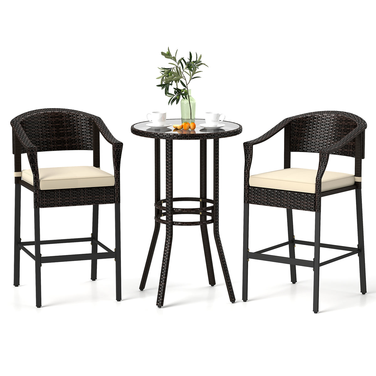 3-Piece Patio Rattan Bar Set with Tempered Glass Top for Backyard