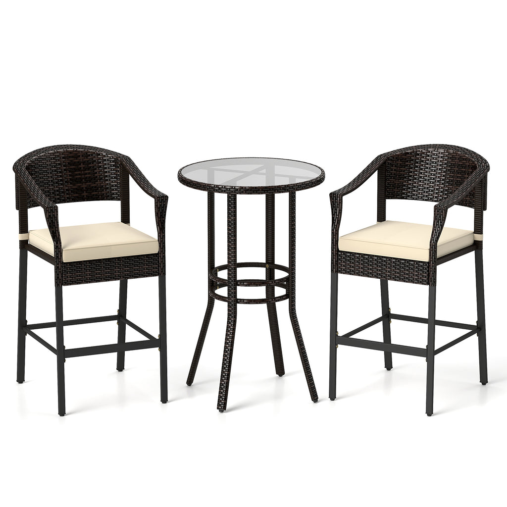 3-Piece Patio Rattan Bar Set with Tempered Glass Top for Backyard