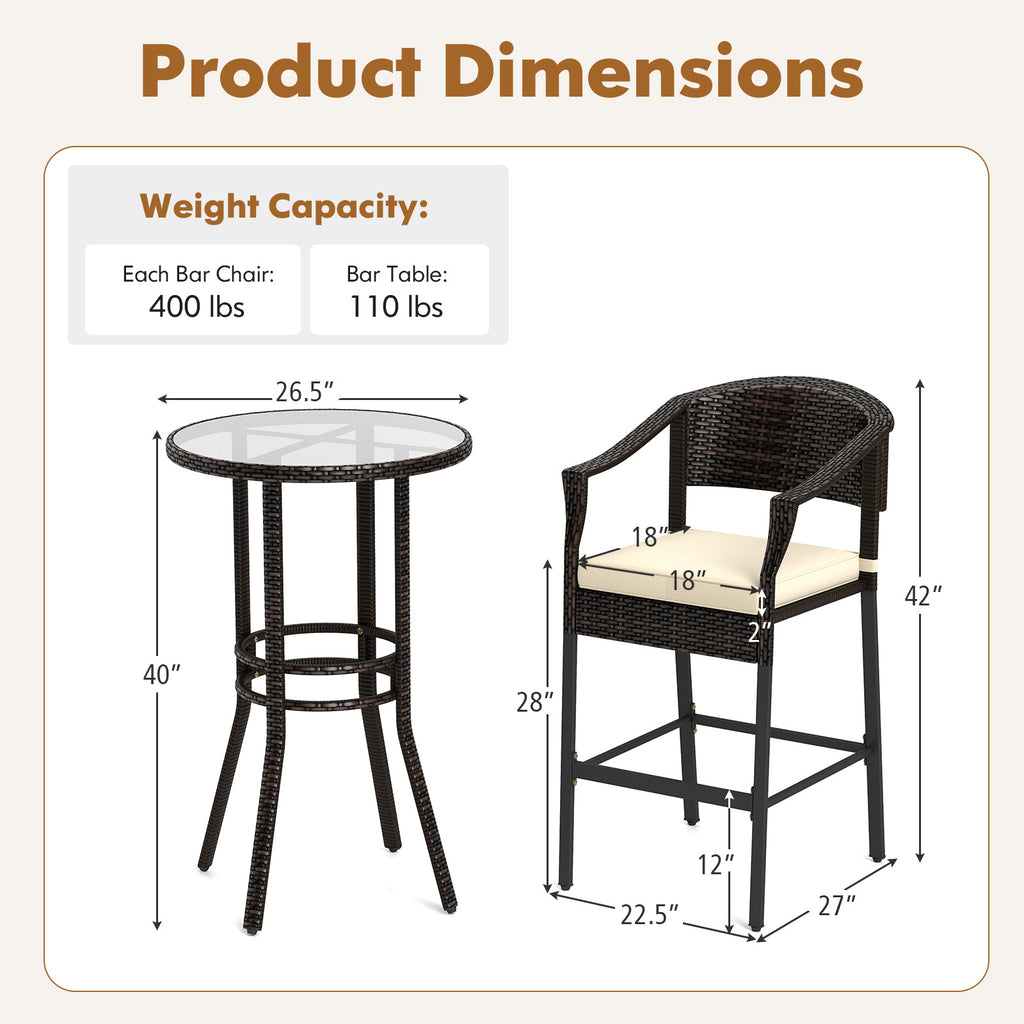 3-Piece Patio Rattan Bar Set with Tempered Glass Top for Backyard
