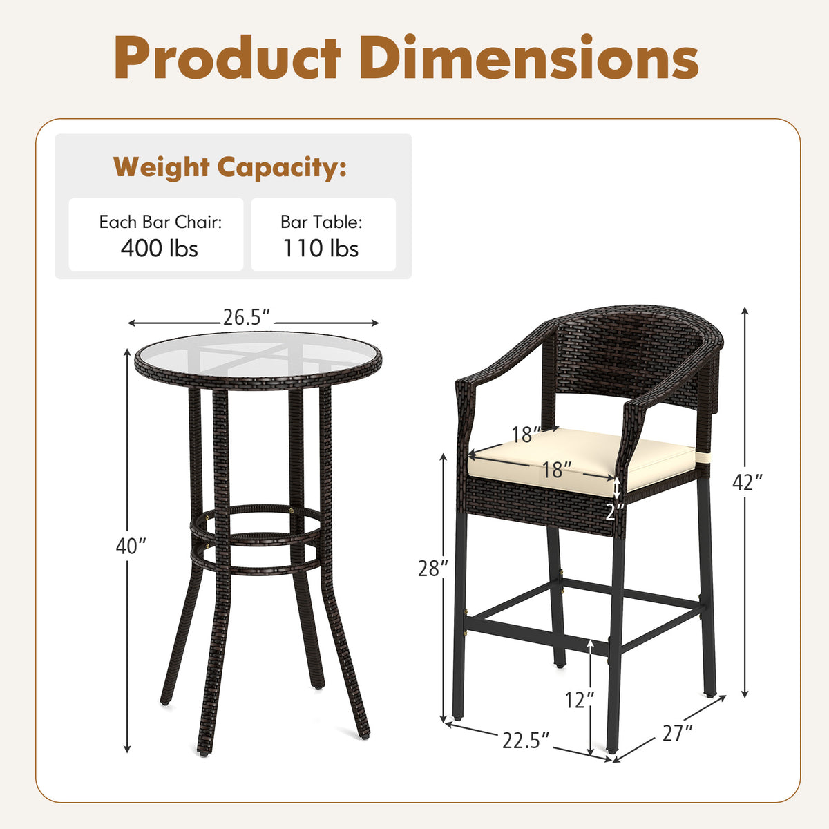 3-Piece Patio Rattan Bar Set with Tempered Glass Top for Backyard