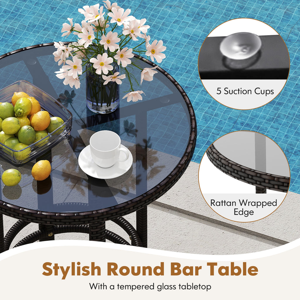 3-Piece Patio Rattan Bar Set with Tempered Glass Top for Backyard