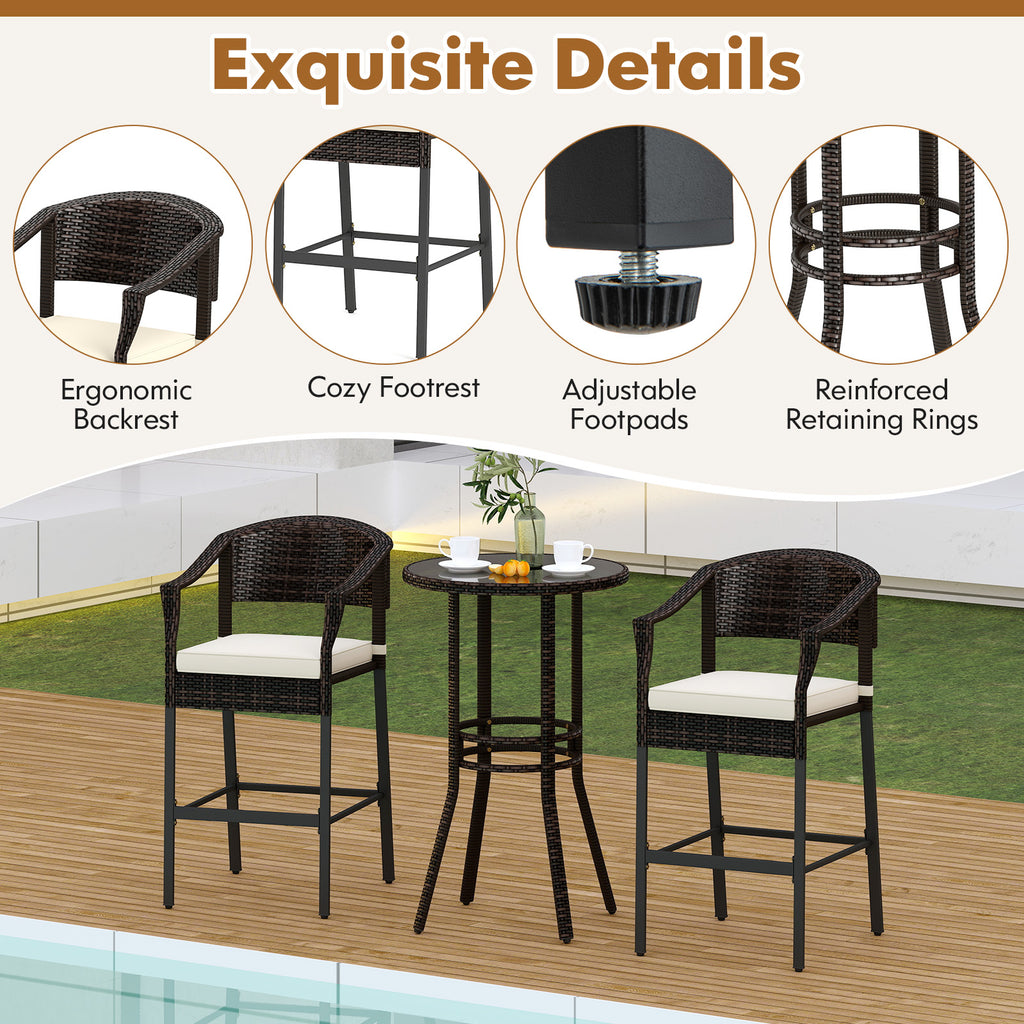 3-Piece Patio Rattan Bar Set with Tempered Glass Top for Backyard