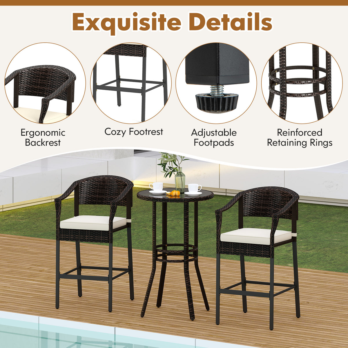 3-Piece Patio Rattan Bar Set with Tempered Glass Top for Backyard