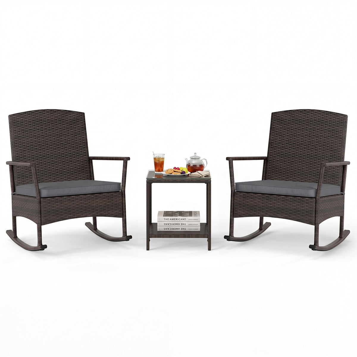 3-Piece Wicker Rocking Chair Set with Coffee Table - Gray