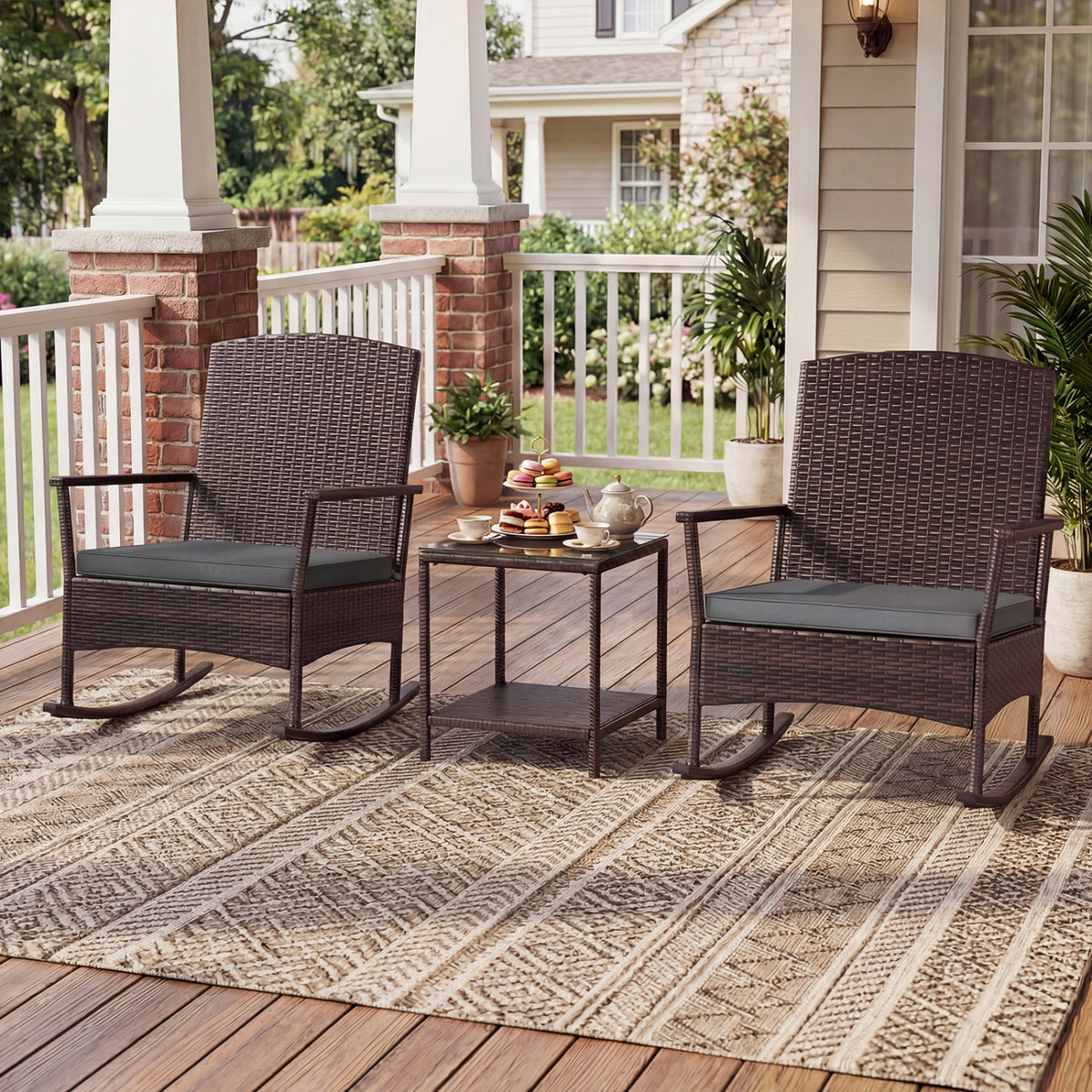 3-Piece Wicker Rocking Chair Set with Coffee Table - Gray