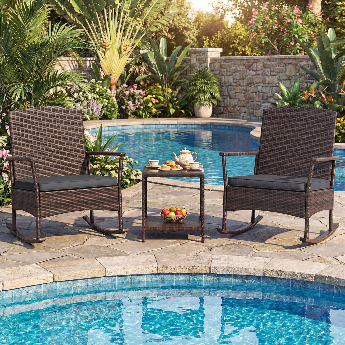 3-Piece Wicker Rocking Chair Set with Coffee Table - Gray