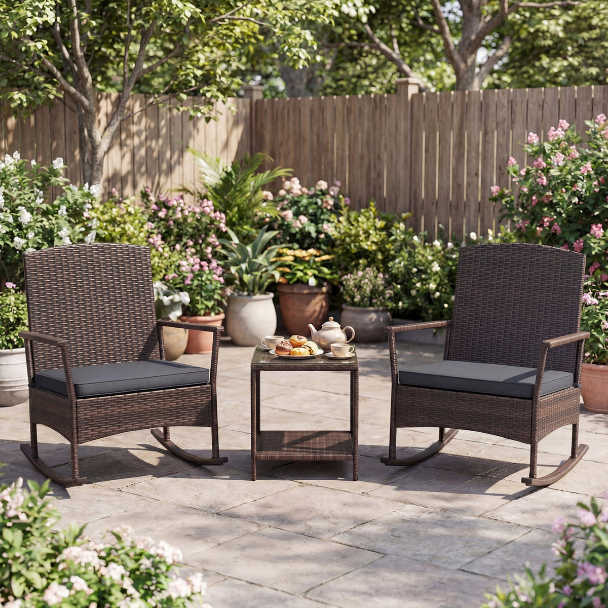 3-Piece Wicker Rocking Chair Set with Coffee Table - Gray