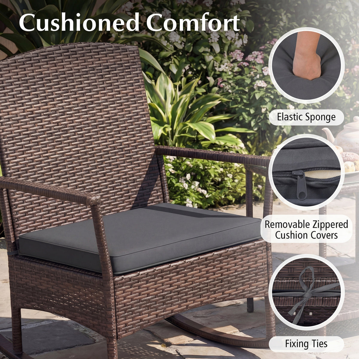 3-Piece Wicker Rocking Chair Set with Coffee Table - Gray
