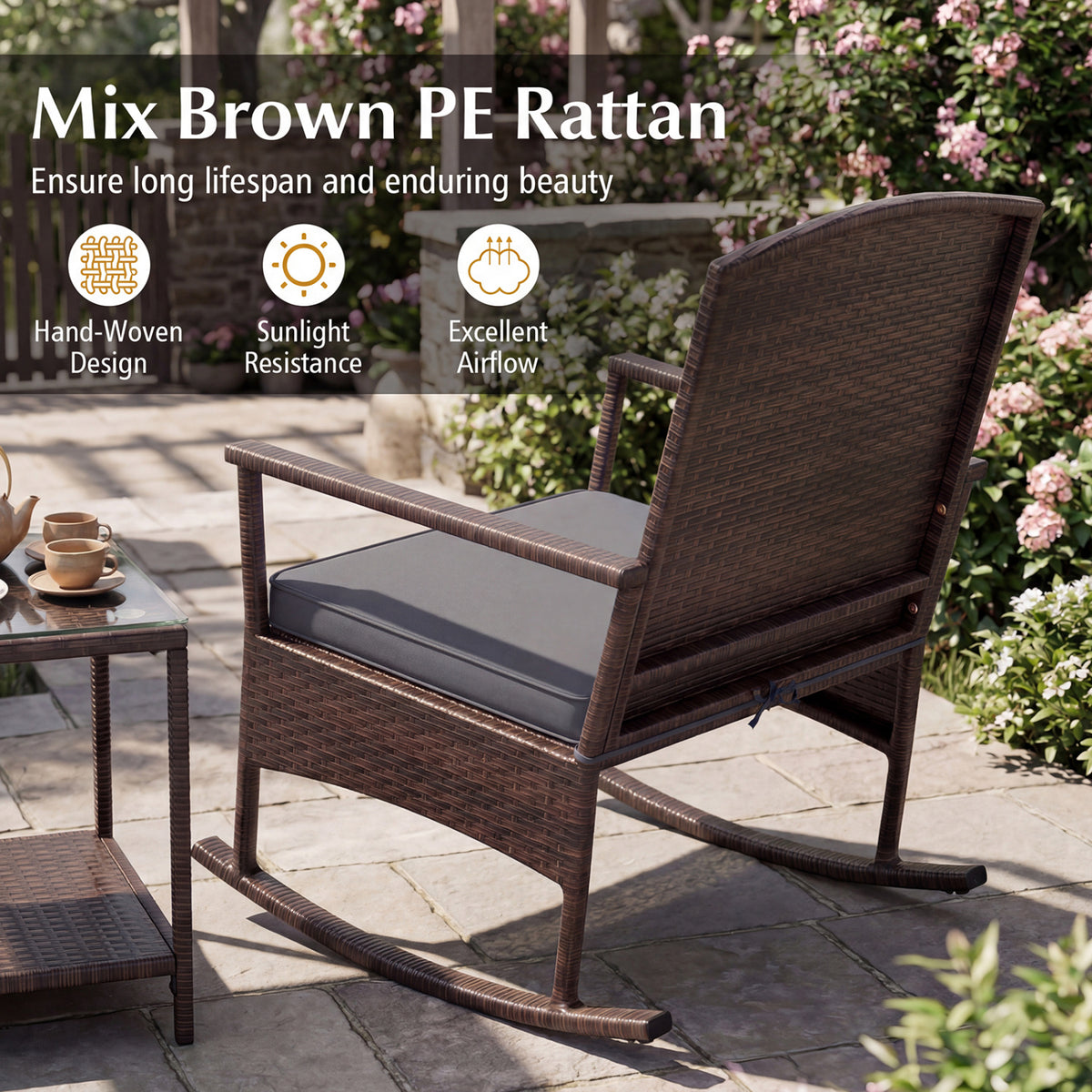 3-Piece Wicker Rocking Chair Set with Coffee Table - Gray