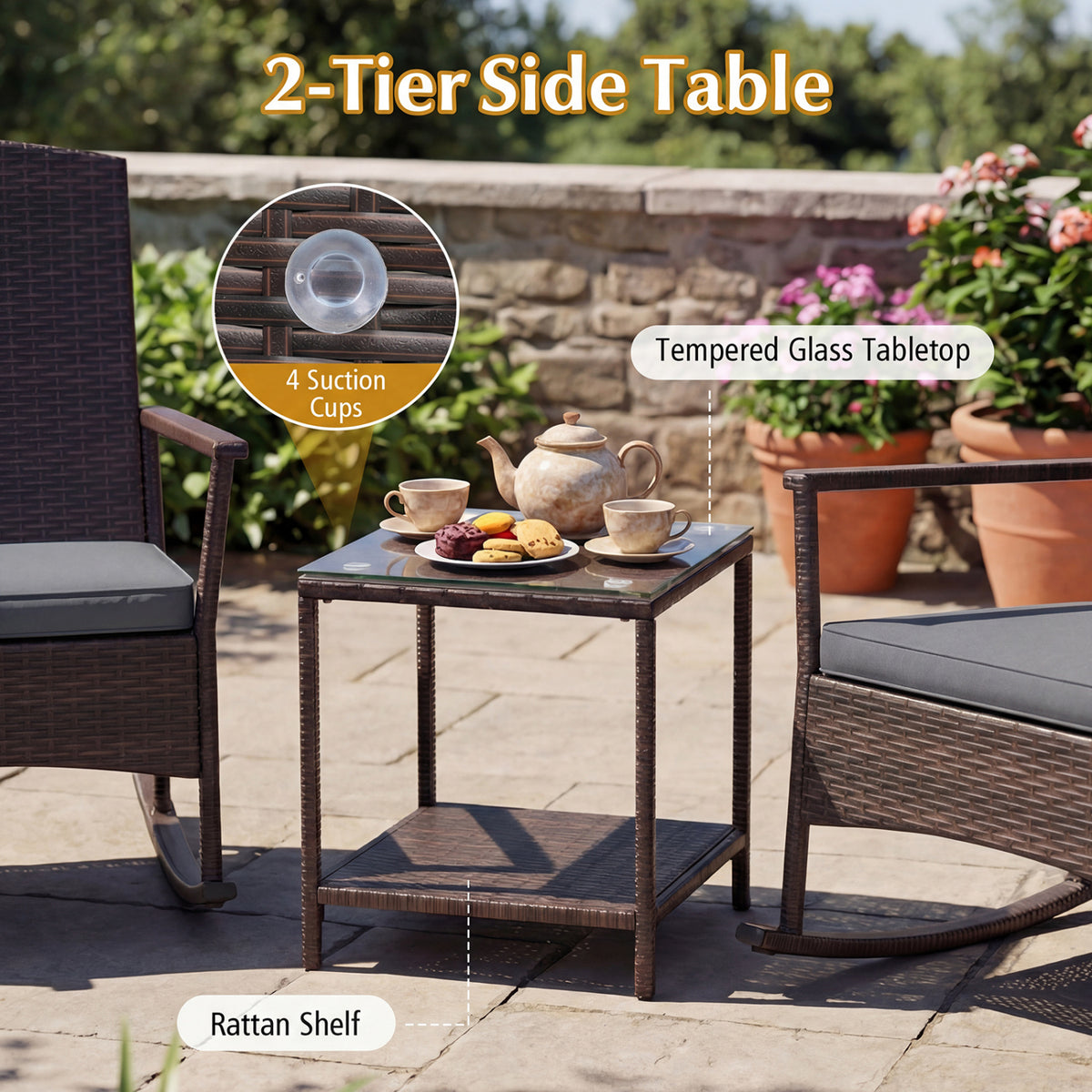 3-Piece Wicker Rocking Chair Set with Coffee Table - Gray