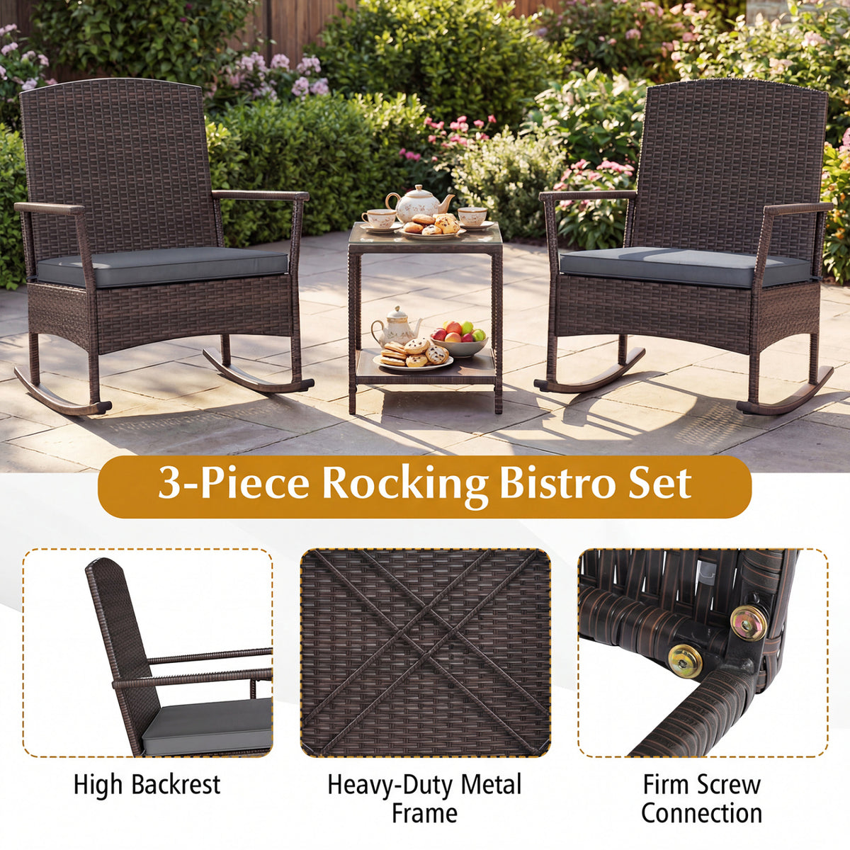 3-Piece Wicker Rocking Chair Set with Coffee Table - Gray