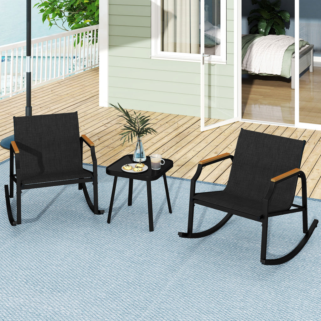 3-Piece Patio Rocking Bistro Set with Glass Coffee Table - Black