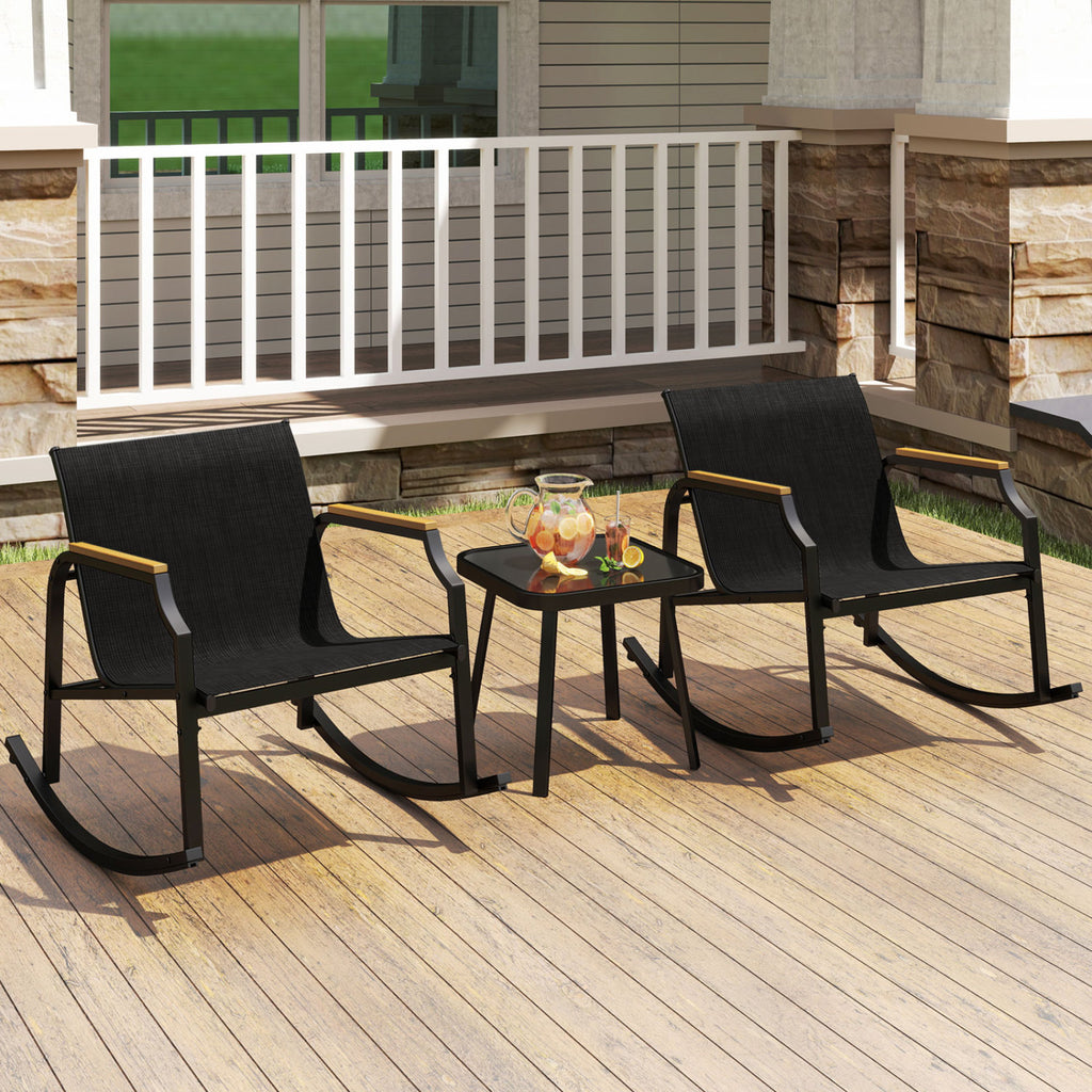 3-Piece Patio Rocking Bistro Set with Glass Coffee Table - Black