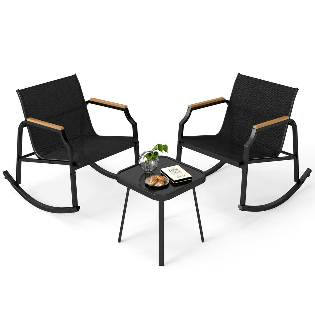 3-Piece Patio Rocking Bistro Set with Glass Coffee Table - Black