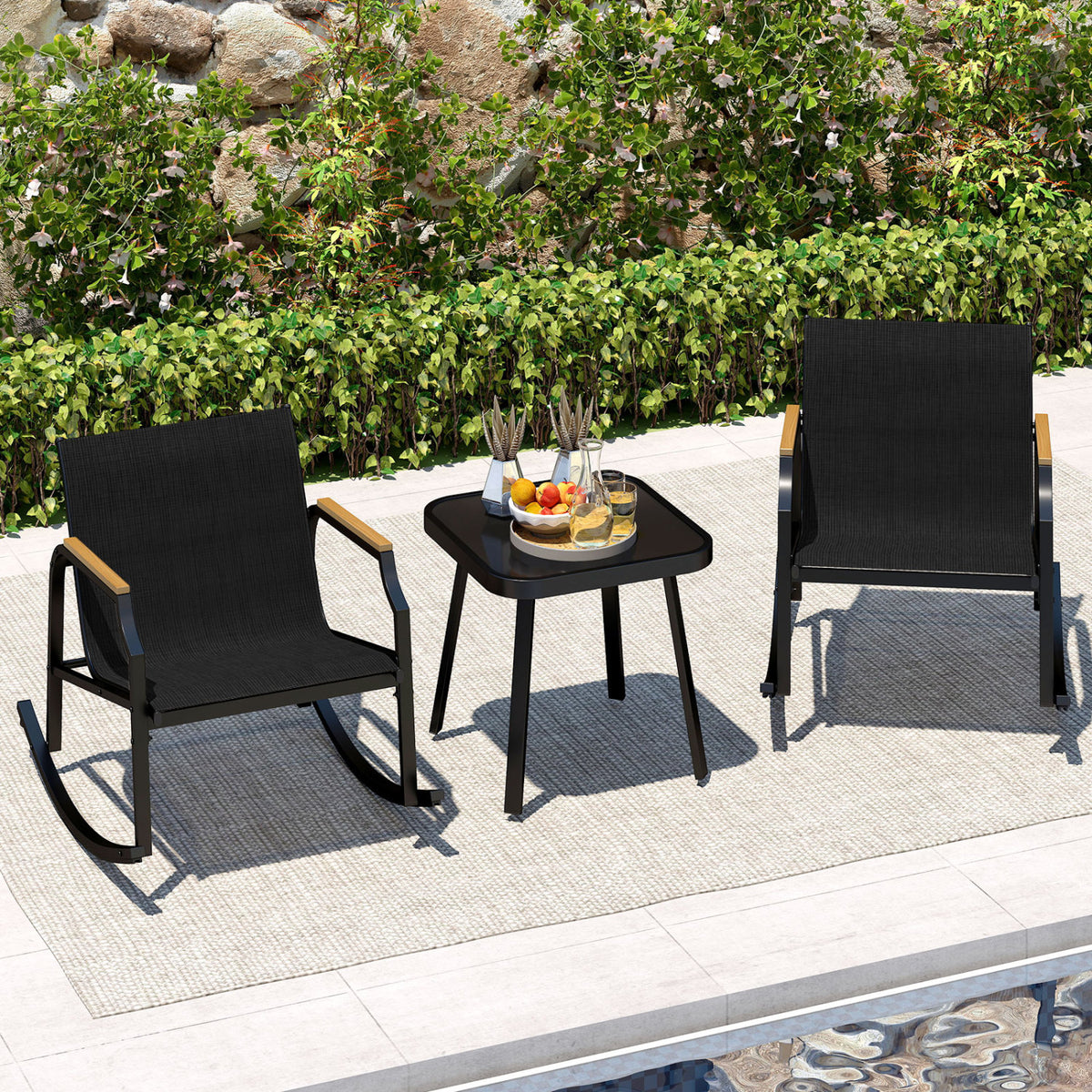 3-Piece Patio Rocking Bistro Set with Glass Coffee Table - Black