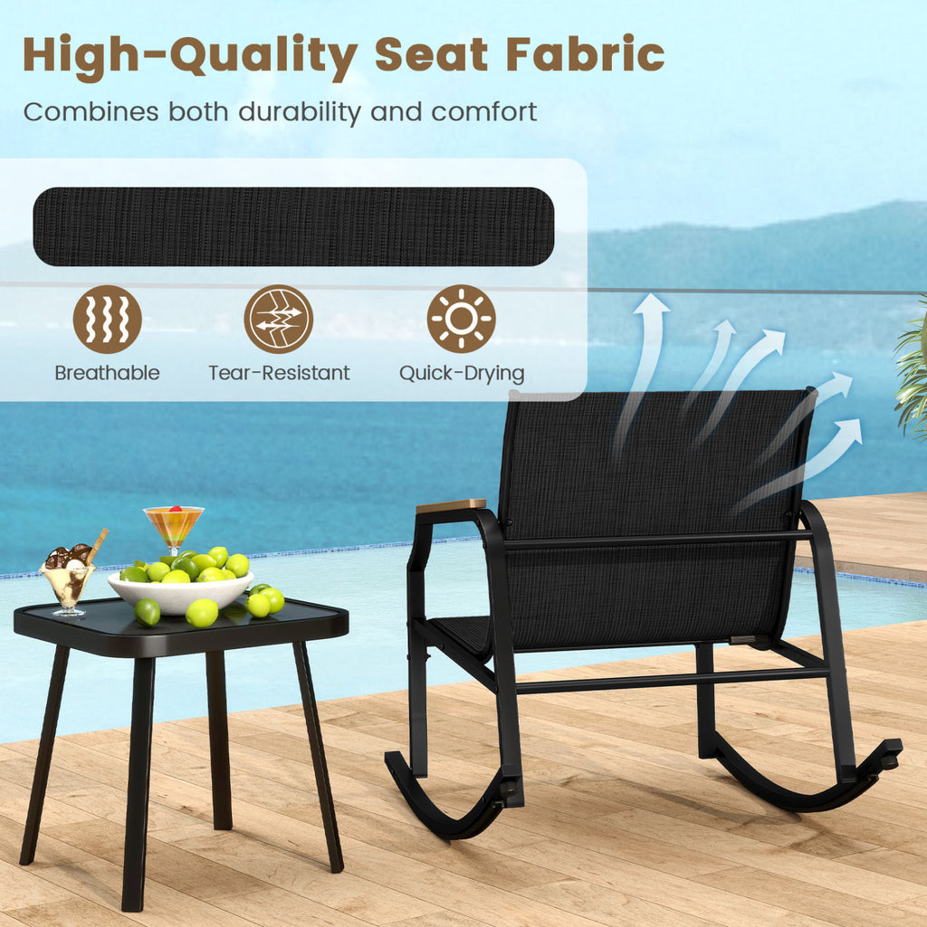 3-Piece Patio Rocking Bistro Set with Glass Coffee Table - Black