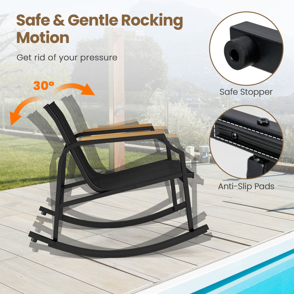 3-Piece Patio Rocking Bistro Set with Glass Coffee Table - Black