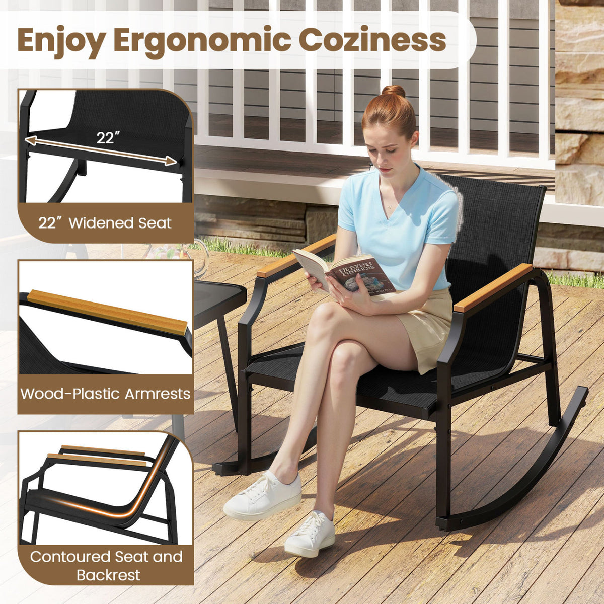 3-Piece Patio Rocking Bistro Set with Glass Coffee Table - Black