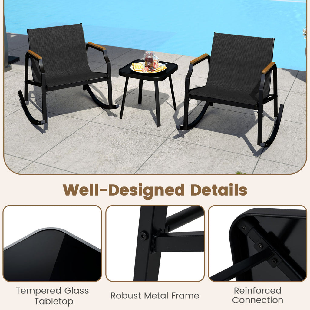 3-Piece Patio Rocking Bistro Set with Glass Coffee Table - Black