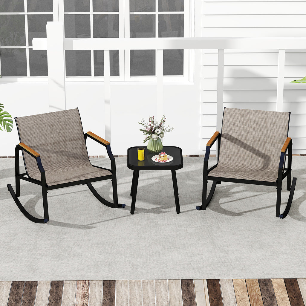 3-Piece Patio Rocking Bistro Set with Glass Coffee Table - Black