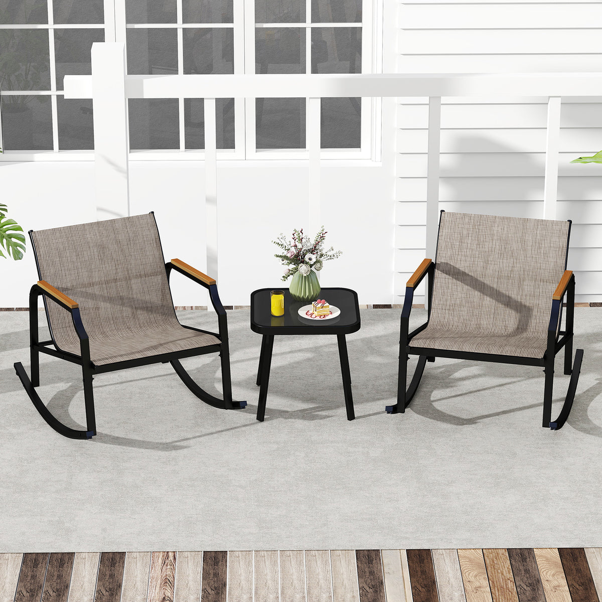 3-Piece Patio Rocking Bistro Set with Glass Coffee Table - Black