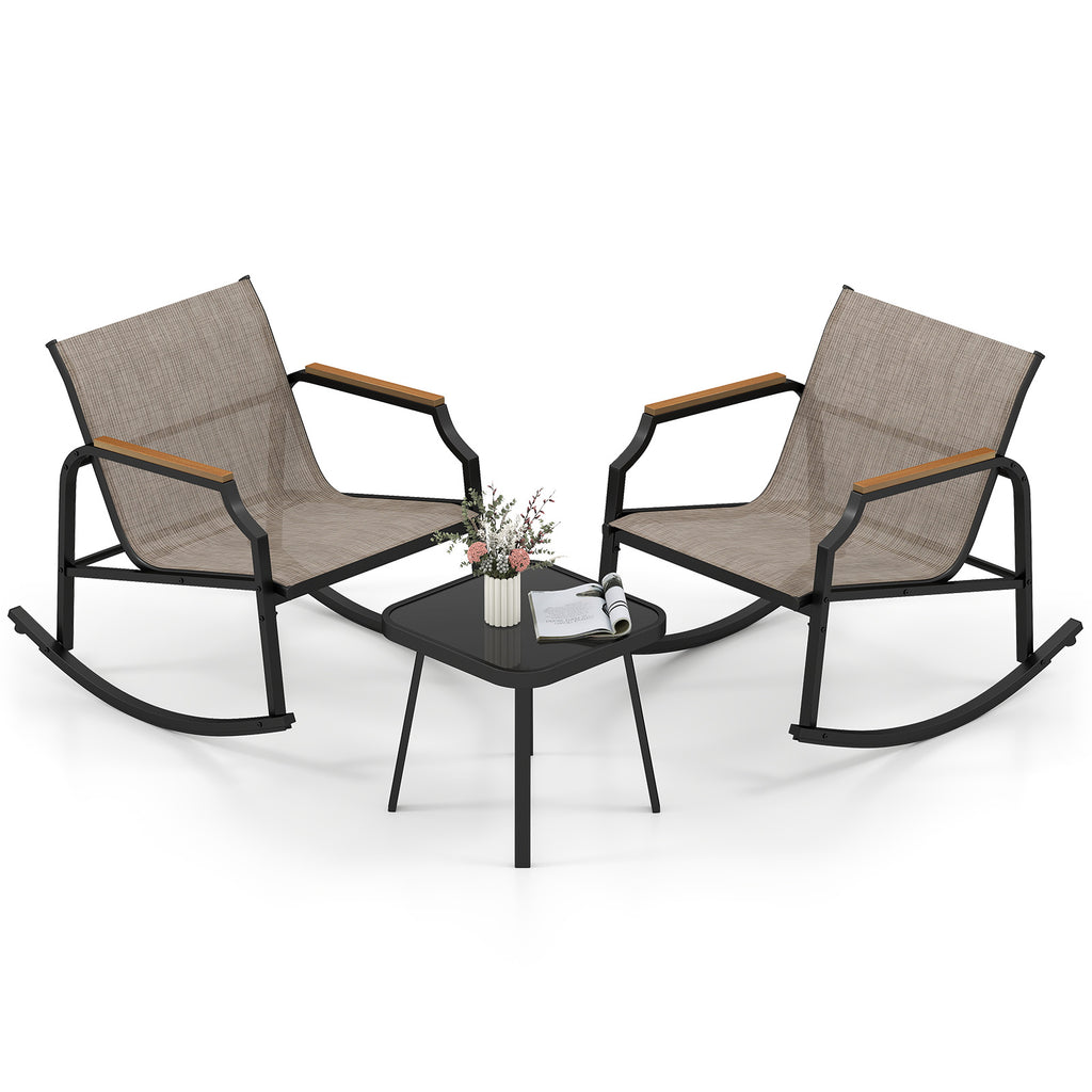 3-Piece Patio Rocking Bistro Set with Glass Coffee Table - Black