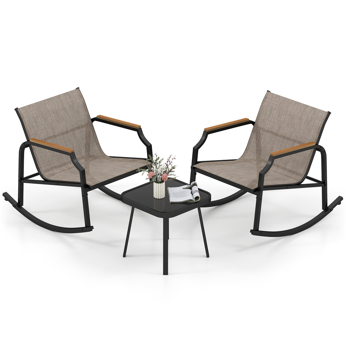 3-Piece Patio Rocking Bistro Set with Glass Coffee Table - Black