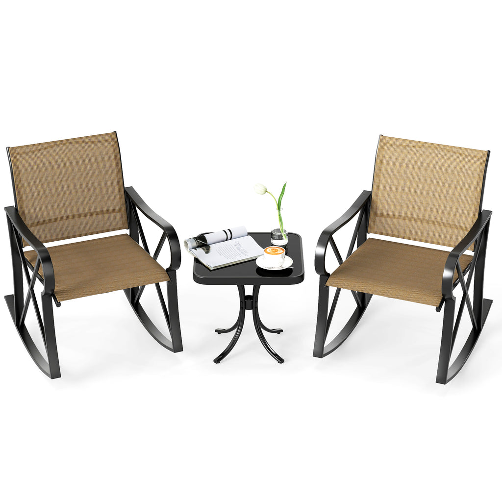 3-Piece Outdoor Rocking Chair Bistro Set with Side Table - Black