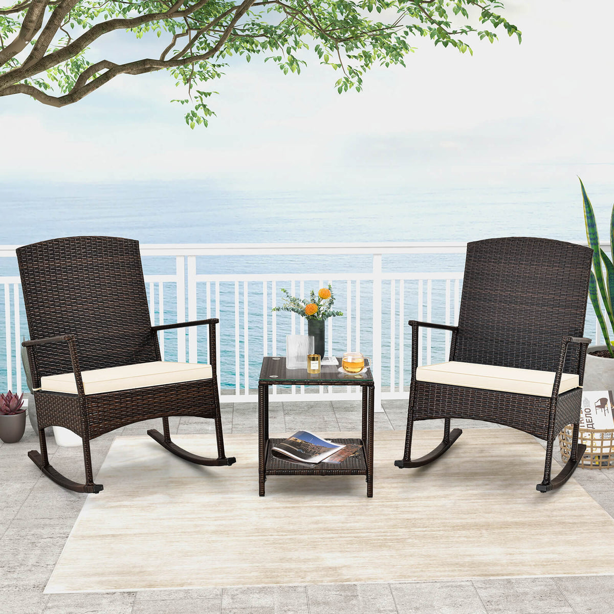 3-Piece Wicker Rocking Chair Set with Coffee Table - Gray