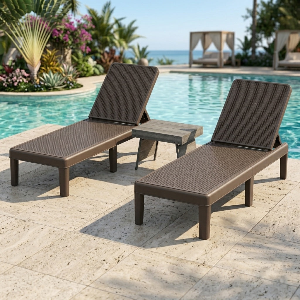 3-Piece Patio Set with 2 Chaise Lounger Chairs and Rattan Side Table