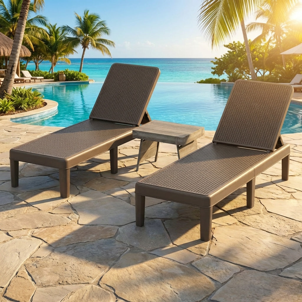 3-Piece Patio Set with 2 Chaise Lounger Chairs and Rattan Side Table