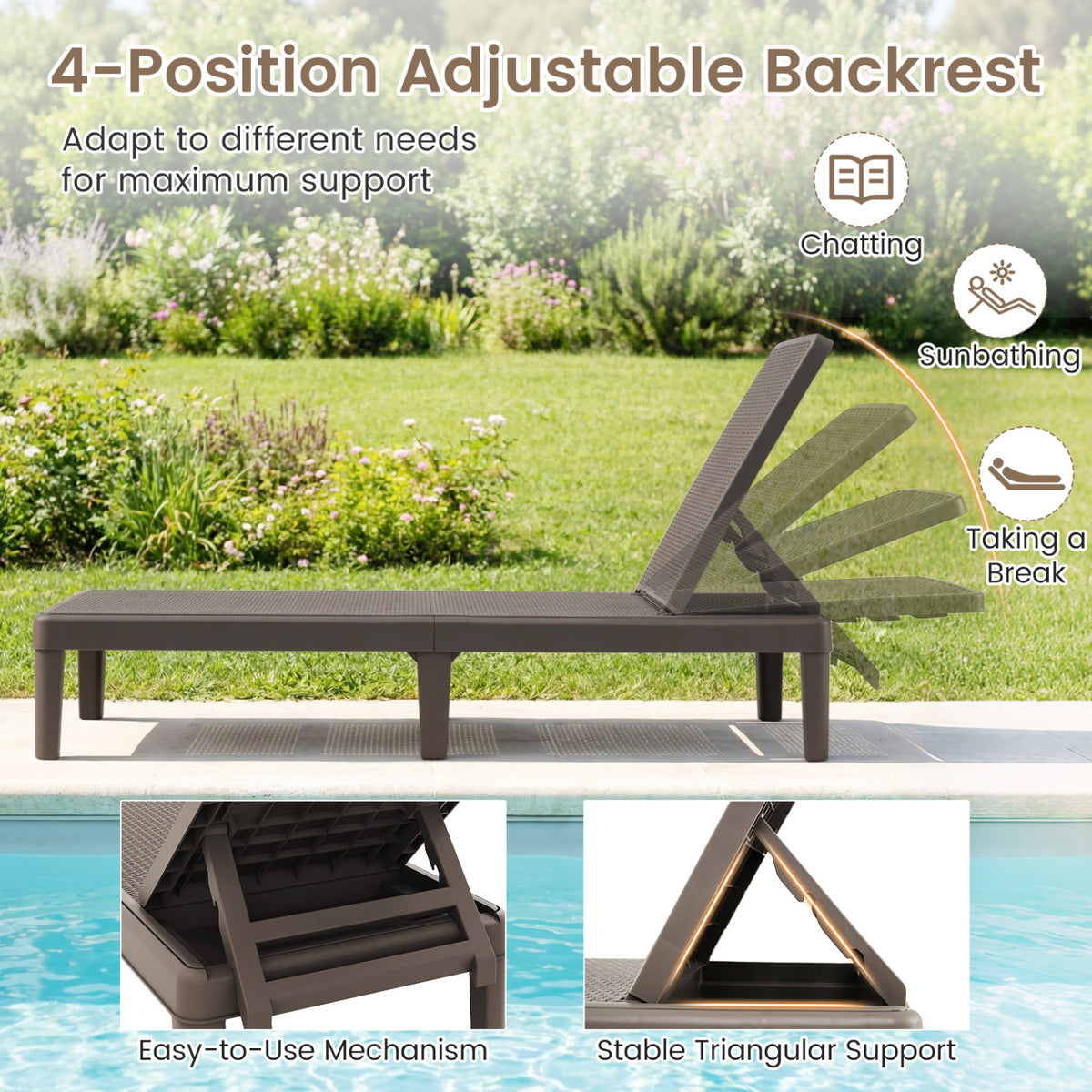 3-Piece Patio Set with 2 Chaise Lounger Chairs and Rattan Side Table