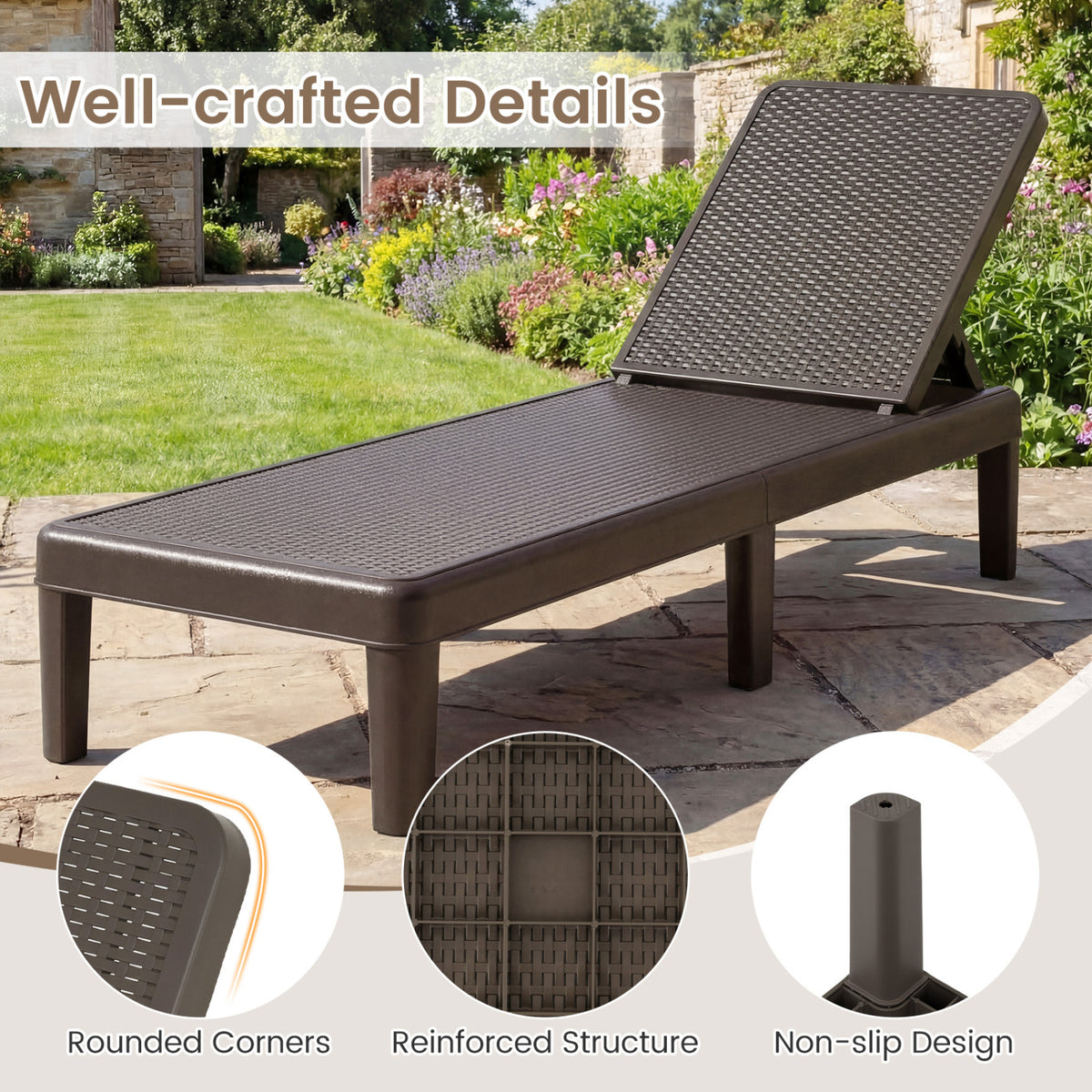 3-Piece Patio Set with 2 Chaise Lounger Chairs and Rattan Side Table
