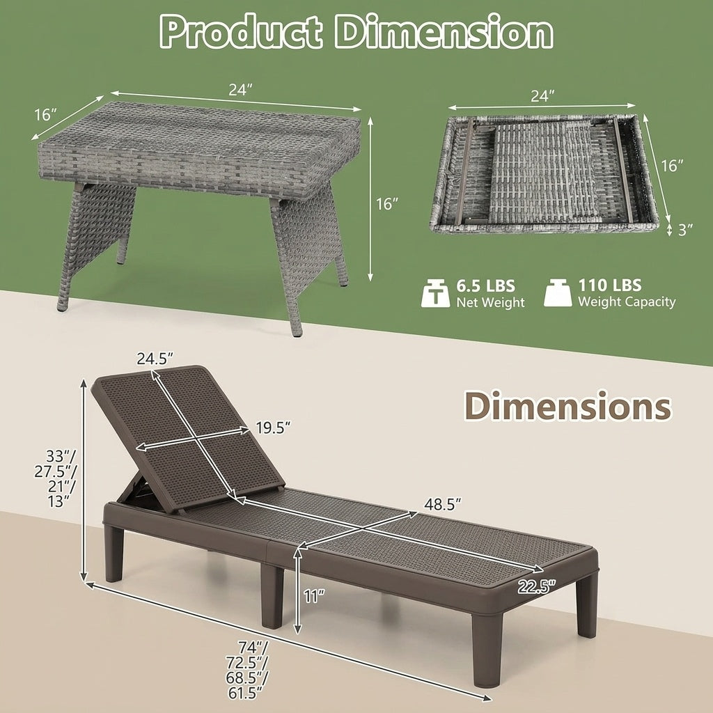 3-Piece Patio Set with 2 Chaise Lounger Chairs and Rattan Side Table