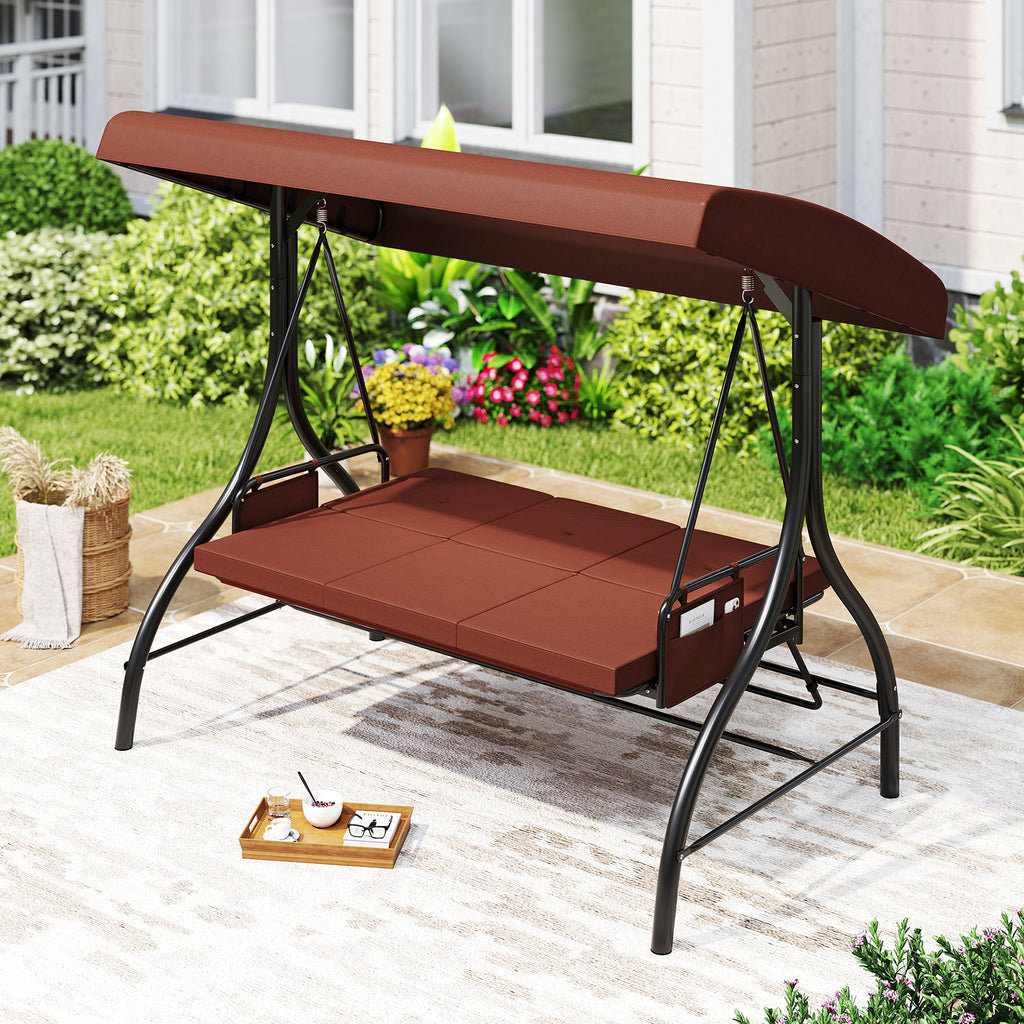 3-Piece Patio Swing with Canopy Removable Cushions and Side Pockets