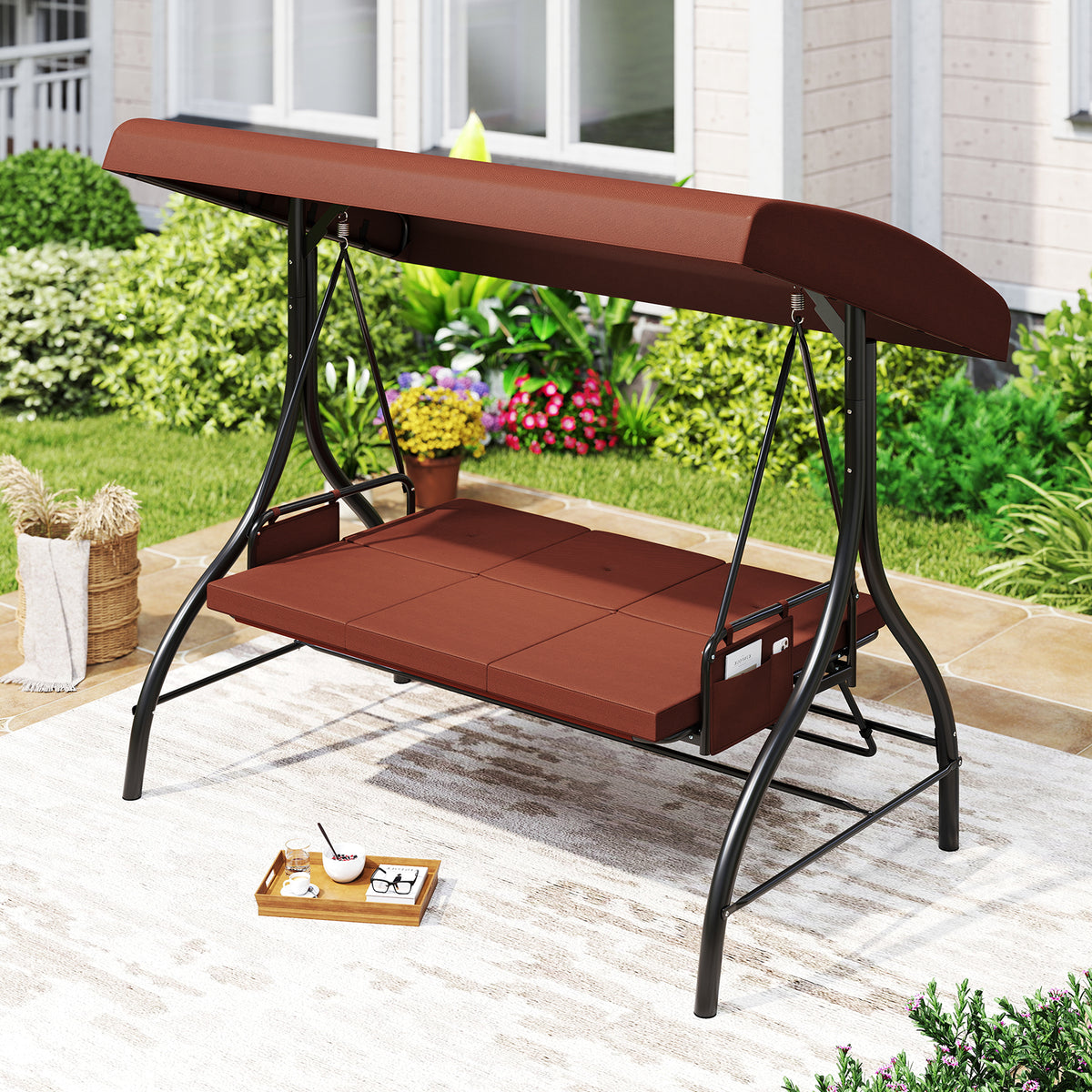 3-Piece Patio Swing with Canopy Removable Cushions and Side Pockets