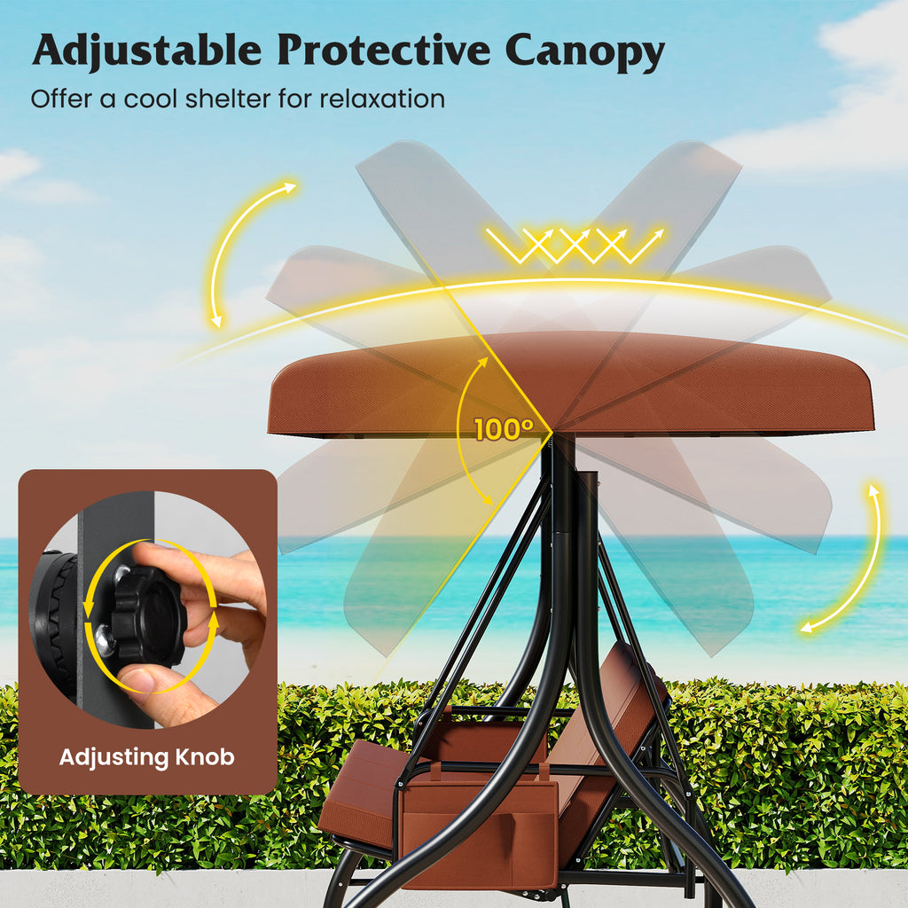 3-Piece Patio Swing with Canopy Removable Cushions and Side Pockets